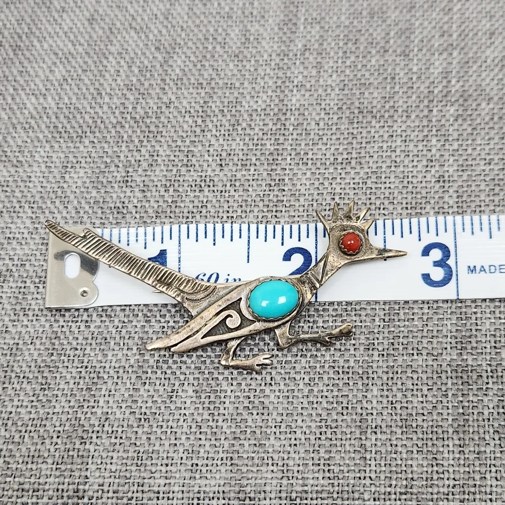 Vintage Navajo Zuni Roadrunner Sterling Turquoise Coral Pin Brooch - Picture 2 of 3